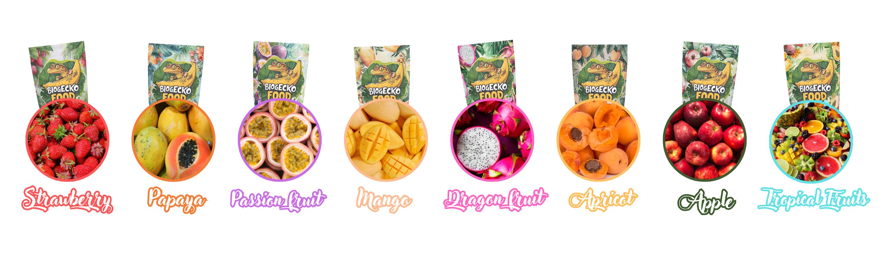 Bio Gecko Food — dostępne smaki: truskawka, papaja, marakuja, mango, dragon fruit, morela, jabłko, owoce tropikalne